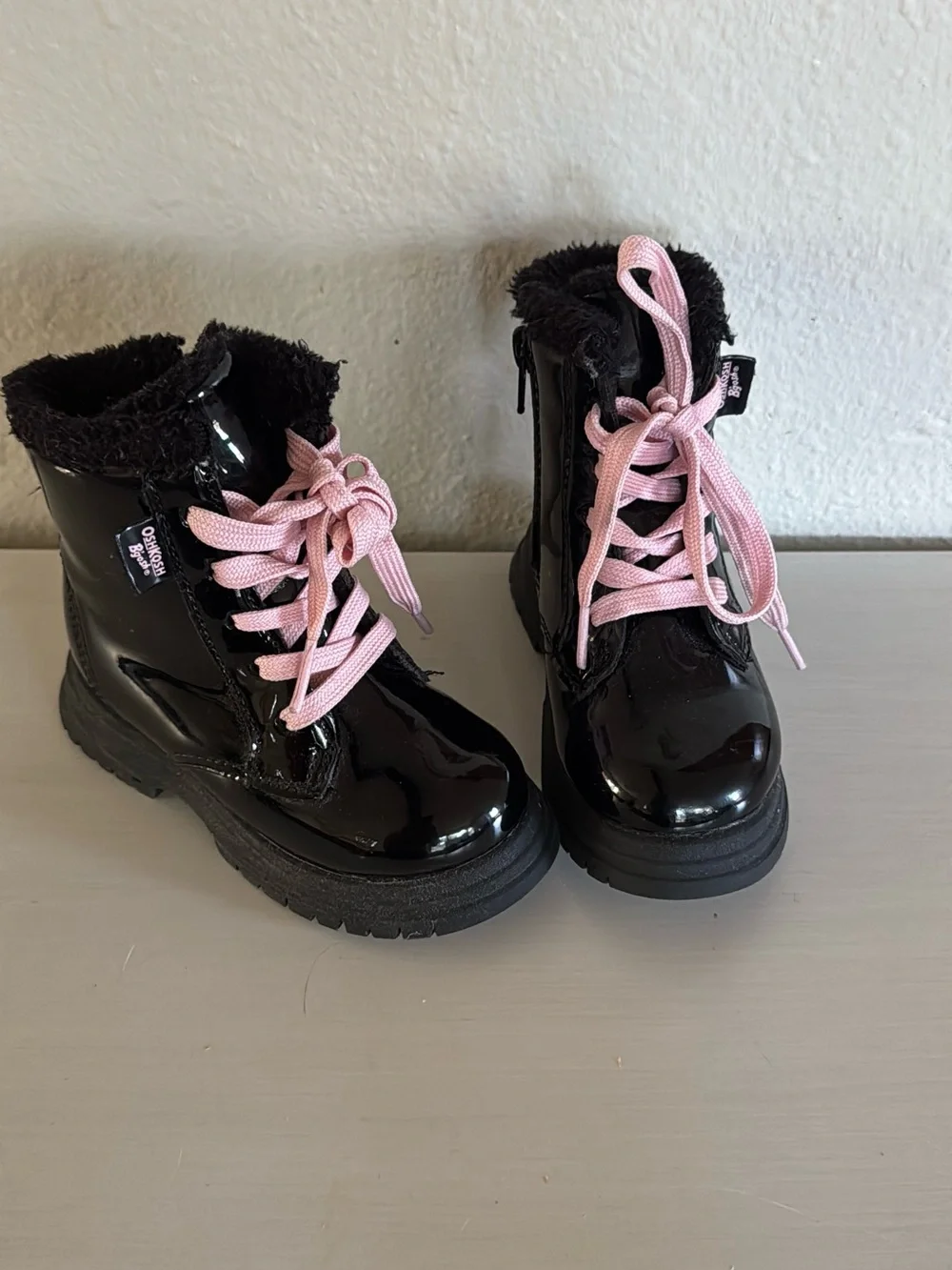 OshKosh B'gosh Black Patent Boots with Pink Laces